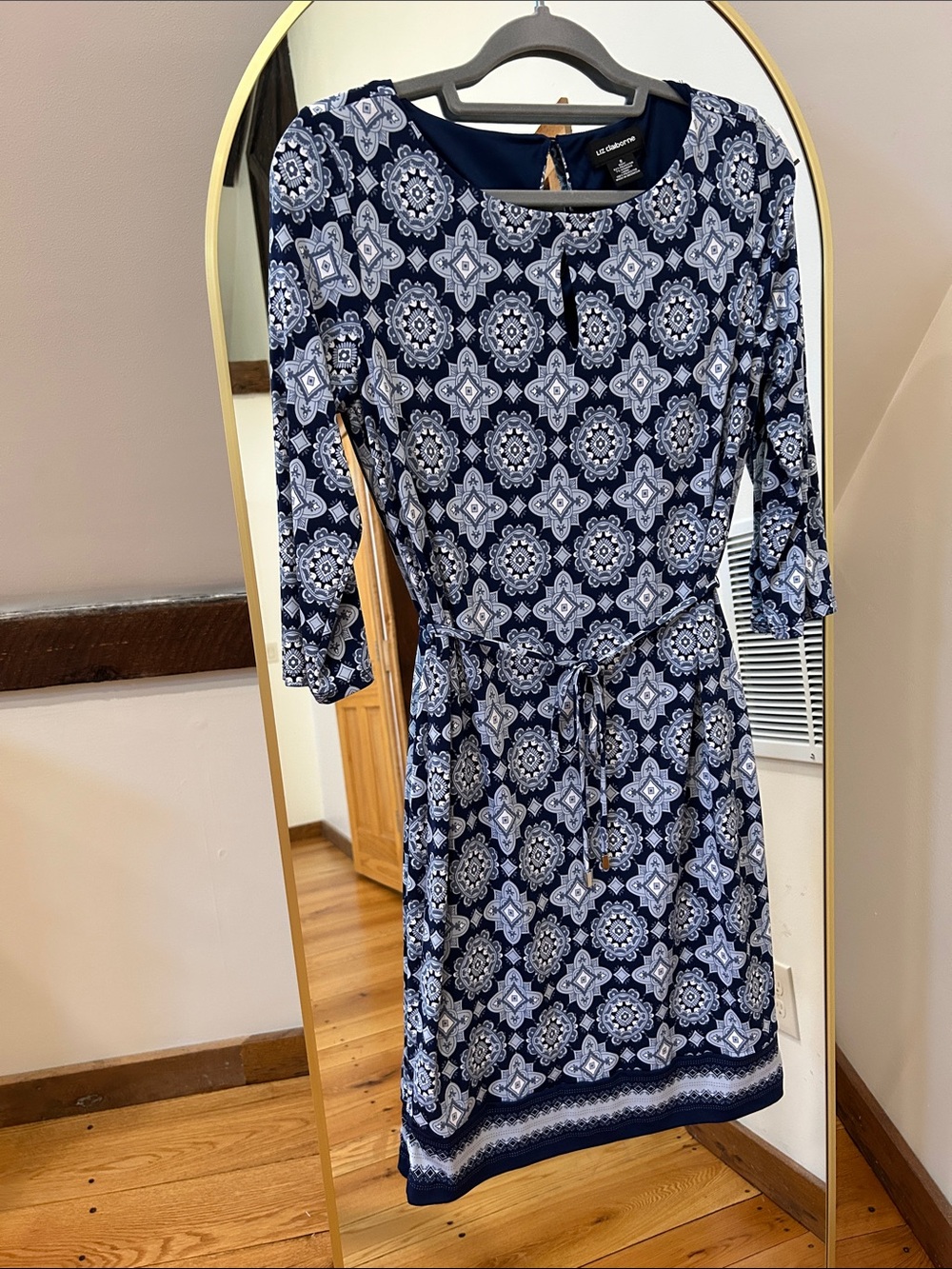 Liz Claiborne Navy and White Medallion Tie-Waist Dress
